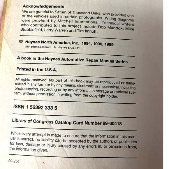 Haynes  SATURN All Models 1991 - 1999 Repair Manual 87010 - Picture 5 of 8